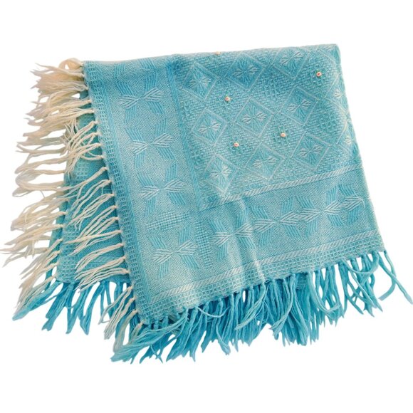 None Other - Vintage Blue Baby Blanket w/ Pink Roses, Tassels Crib Size 36x39 Mid-Century